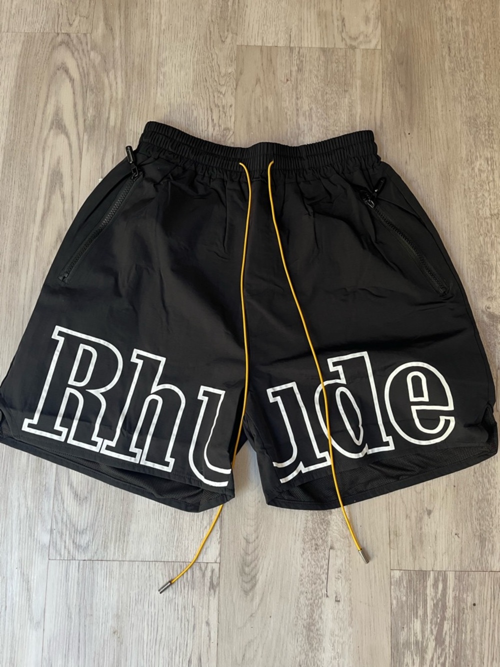 Rhude Black Shorts with White Logo and Yellow Drawstring